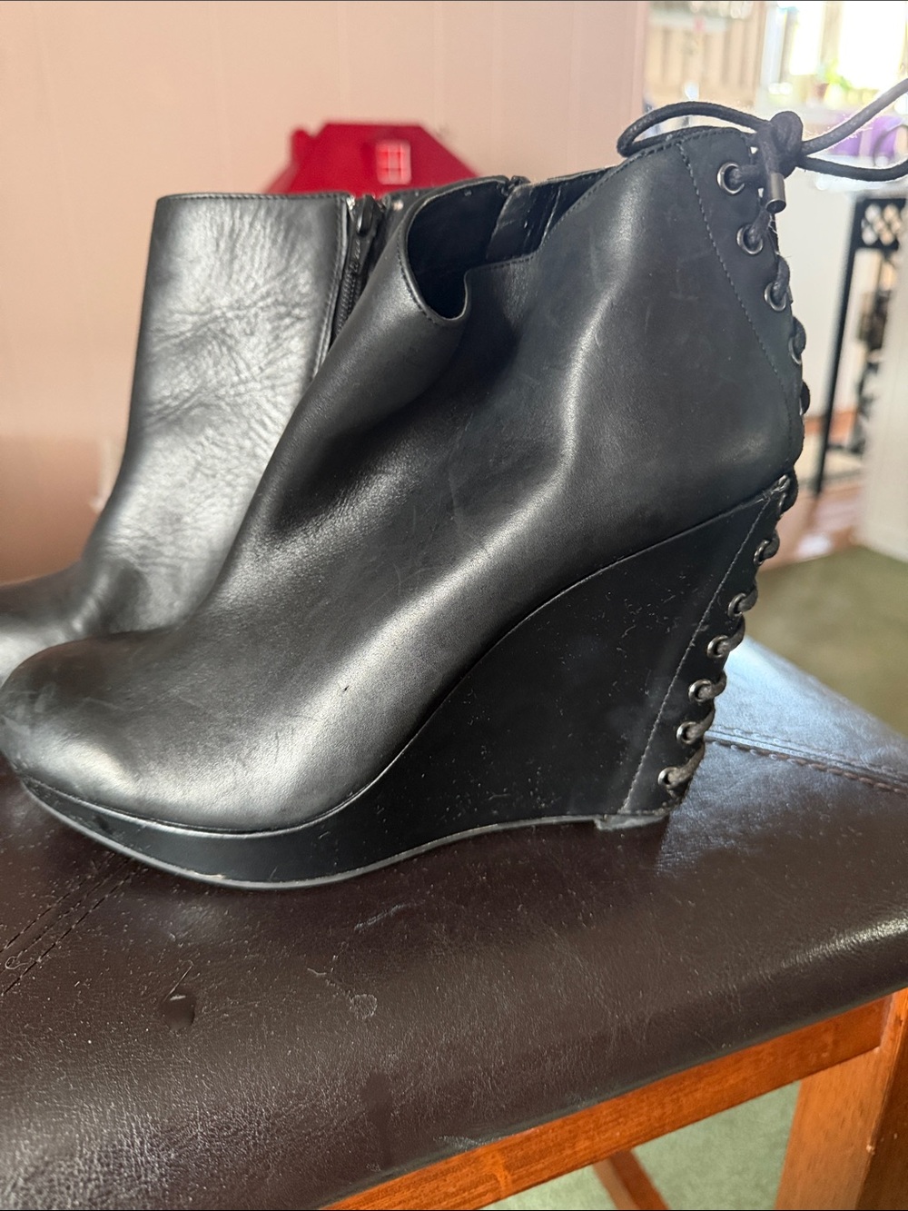 Gianni Bini Black Lace-Up Back Wedge Ankle Boots